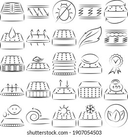 Mattress icon set. Properties: natural material, anti dust mite, spine support, breathable, bedding, memory foam, pillow. Vector illustration. Hand drawing doodle line. 