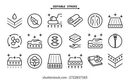 Conjunto de Vector de icono de colchón. Los símbolos de espuma de memoria muestran diferentes tipos de colchones. Aislado en blanco. Limpie la colección del contorno con un trazo totalmente editable.