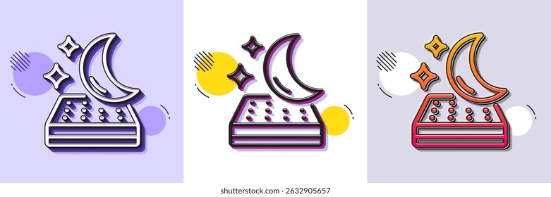Mattress line icon. Halftone dotted pattern. Gradient icon with grain shadow. Night sleep bed rest sign. Moon symbol. Line mattress icon. Various designs. Vector