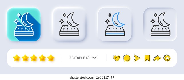Mattress line icon. Neumorphic, Flat shadow, 3d buttons. Night sleep bed rest sign. Moon symbol. Line mattress icon. Social media icons. Vector