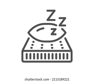 Mattress line icon. Night sleep bed rest sign. Pillow with zzz symbol. Quality design element. Linear style mattress icon. Editable stroke. Vector