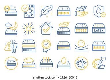 Entsprechende Zeilensymbole. Atmungsaktiv, waschbar, Latex. Gedächtnisschaum, Kissen, Bettzeug-Symbole. Leichtgewicht, Naturmaterial, Taschenfedermatratze. Bettmilbe, antiallergischer Latex. Zeilensymbol eingestellt. Vektorgrafik
