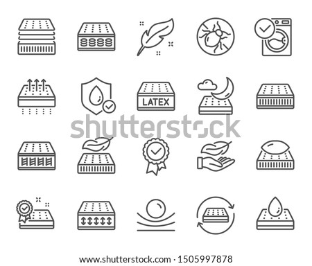 Mattress line icons. Breathable, washable, latex. Memory foam, pillow, bed tick icons. Light weight, natural material, pocket sprung mattress. Bed mite, antiallergic latex. Vector Stock photo © 