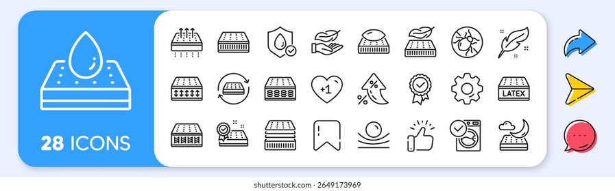 Mattress line icons. Interest rate, AI generate, Inflation icons. Breathable, washable, latex. Memory foam, pillow, bed tick icons. Light weight, natural material, pocket sprung mattress. Vector