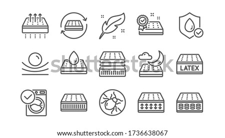 Mattress line icons set. Memory foam, pillow, latex. Breathable, washable, bed tick icons. Light weight, natural material, pocket sprung mattress. Bed mite, antiallergic latex. Linear set. Vector Stock photo © 
