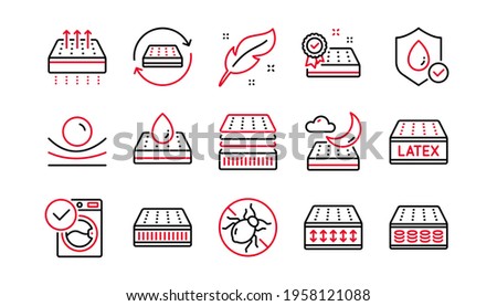 Mattress line icons set. Memory foam, pillow, latex. Breathable, washable, bed tick icons. Light weight, natural material, pocket sprung mattress. Bed mite, antiallergic latex. Linear set. Vector