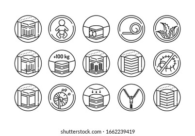 Mattress linear icons set black line icon. Different types of mattresses. Pictogram for web page, mobile app, promo. UI UX GUI design element. Editable stroke