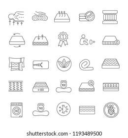 Mattress linear icons set. Latex, innerspring and memory foam mattresses. Breathable, ecological, anatomic, waterproof bedding, antiallergic. Isolated vector outline illustrations. Editable stroke