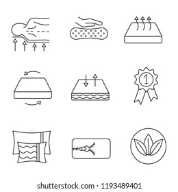 Mattress linear icons set. Orthopedic, latex, breathable, dual season, ecological mattress with removable cover, pillows and award medal. Isolated vector outline illustrations. Editable stroke