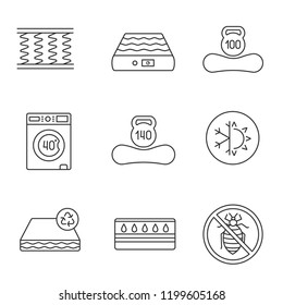 Mattress linear icons set. Spring, air, washable, dual season, recyclable, water, antiallergic mattress with weight limit up to 100 and 140 kg. Isolated vector outline illustrations. Editable stroke