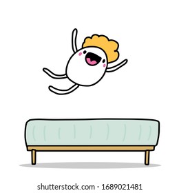 Mattress and man jumping on hand drawn vector illustration in cartoon comic style bed furniture print poster card banner