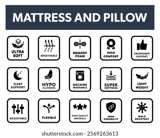 Mattress and Pillow properties vector labels for packaging. 