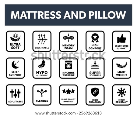 Mattress and Pillow properties vector labels for packaging. 