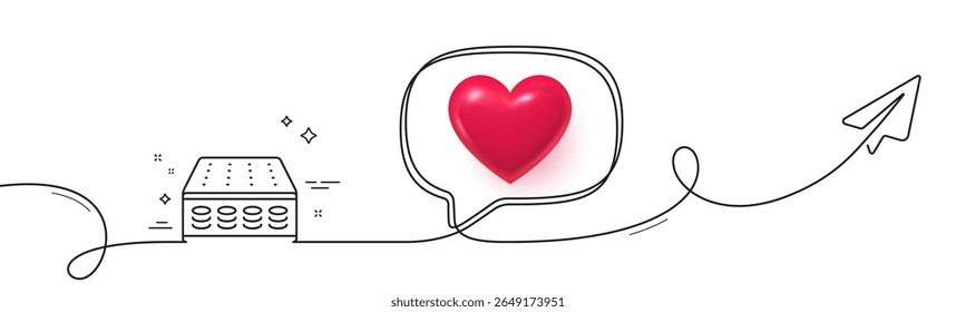 Mattress pocket spring line icon. Continuous line with share plane. Orthopedic sprung pad sign. Breathable sleep bed symbol. 3d heart in speech bubble. Mattress single line ribbon. Vector