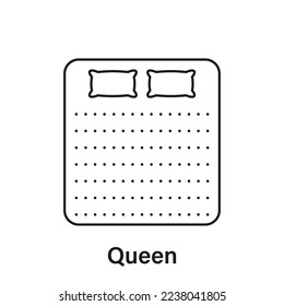 Icono de la línea de tamaño de reina de la cámara. Pictograma lineal de dimensión de la cama. Medición de la longitud de la cama para la cámara de cama en el Hotel o el Icono del hogar. Tamaño de la cámara. Stroke editable. Ilustración de vectores aislados.