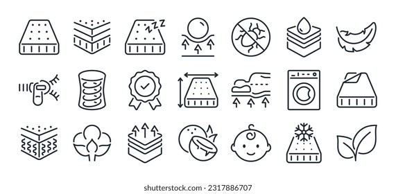 Mattress related editable stroke outline icons set isolated on white background flat vector illustration. Pixel perfect. 64 x 64.