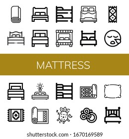 mattress simple icons set. Contains such icons as Roll, Bed, Bunk bed, Carpet, Sleeping, Yoga mat, Pillow, can be used for web, mobile and logo