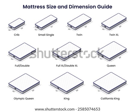 Mattress size and dimension guide. 3D isometric illustration. Isolated vector for banner, poster, presentation, infographic,  web, apps, and other uses.