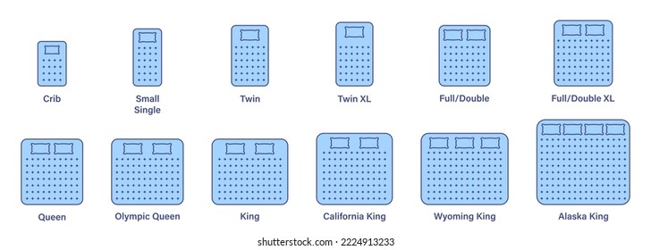 Mattress Sizes for Bed Room. Mattress and Bed Size Dimension Silhouette Icon Set. Bed Length Measurement for Bedchamber in Hotel or Home Pictogram. Isolated Vector Illustration.