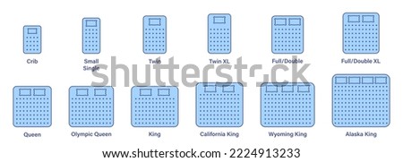 Mattress Sizes for Bed Room. Mattress and Bed Size Dimension Silhouette Icon Set. Bed Length Measurement for Bedchamber in Hotel or Home Pictogram. Isolated Vector Illustration.