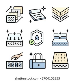 Colchão para ícones de cor de dormir definido. Os símbolos de espuma de memória mostram diferentes tipos de colchões com características como respirabilidade, firmeza e alívio de pressão.