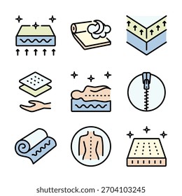 Mattress for sleeping color icons set. Memory foam symbols shows different types of mattresses with features like breathability, firmness, and pressure relief.