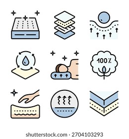 Colchão para ícones de cor de dormir definido. Os símbolos de espuma de memória mostram diferentes tipos de colchões com características como respirabilidade, firmeza e alívio de pressão.