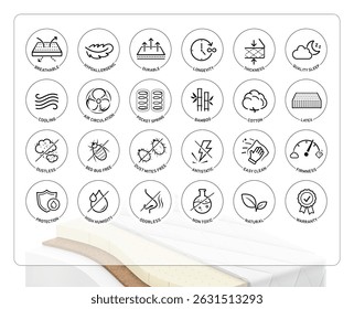 Mattress for sleeping icon set. The outline icons are well scalable and editable. Contrasting elements are good for different backgrounds. EPS10.