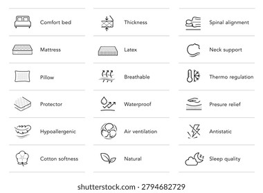 Mattress for sleeping icon set. The outline vector icons are well scalable and editable for packaging label design. Great for infographic for different backgrounds. EPS10.