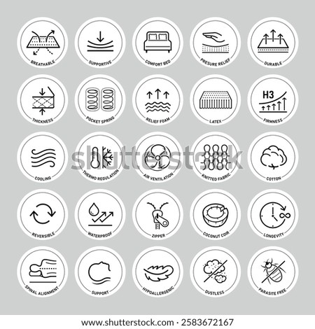 Mattress for sleeping icon set. The outline icons are well scalable and editable. Contrasting elements are good for different backgrounds. EPS10.	