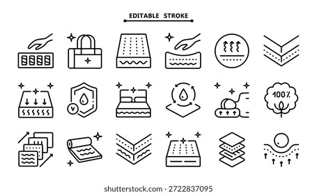 Colchón para el conjunto de iconos para dormir. Trazo editable. Los símbolos de espuma de memoria muestran diferentes tipos de colchones con características como transpirabilidad, firmeza y alivio de la presión.