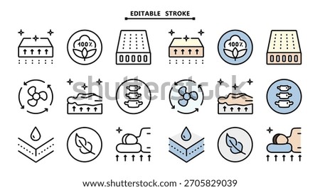 Mattress for sleeping icons set. Editable stroke. Memory foam symbols shows different types of mattresses with features like breathability, firmness, and pressure relief.