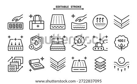 Mattress for sleeping icons set. Editable stroke. Memory foam symbols shows different types of mattresses with features like breathability, firmness, and pressure relief.