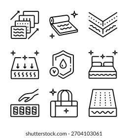 Colchão para adormecimento conjunto de ícones de contorno. Os símbolos de espuma de memória mostram diferentes tipos de colchões com características como respirabilidade, firmeza e alívio de pressão.