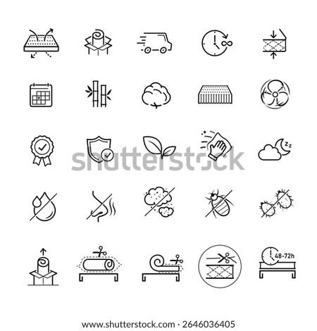 Mattress for sleeping packaging and delivery icon set. The outline icons are well scalable and editable. Contrasting elements are good for different backgrounds. EPS10.	