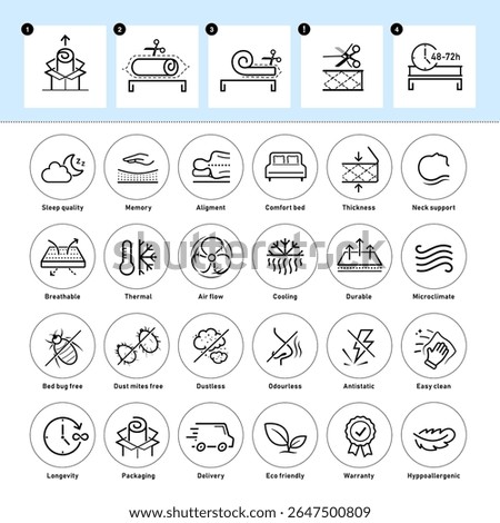 Mattress for sleeping packaging and delivery icon set. The outline icons are well scalable and editable. Contrasting elements are good for different backgrounds. EPS10.	