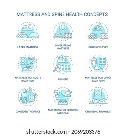 Mattress and spine health blue concept icons set. Back and neck pain relief idea thin line color illustrations. Mattress types and materials. Vector isolated outline drawings. Editable stroke