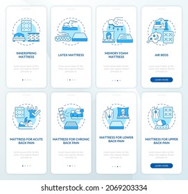 Mattress and spine health blue onboarding mobile app page screen set. Healthy sleep walkthrough 4 steps graphic instructions with concepts. UI, UX, GUI vector template with linear color illustrations