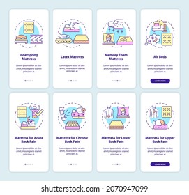 Mattress and spine health onboarding mobile app page screen set. Healthy sleeping walkthrough 4 steps graphic instructions with concepts. UI, UX, GUI vector template with linear color illustrations
