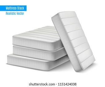 Mattress stack realistic composition with pile of white high quality sleeping mattresses with editable text vector illustration