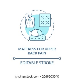 Mattress for upper back pain blue concept icon. Neck ache reducing abstract idea thin line illustration. Orthopedic mattress and pillow. Vector isolated outline color drawing. Editable stroke