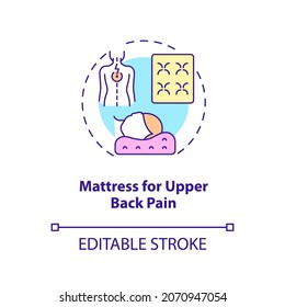 Mattress for upper back pain concept icon. Neck ache reducing abstract idea thin line illustration. Orthopedic mattress and pillow. Vector isolated outline color drawing. Editable stroke