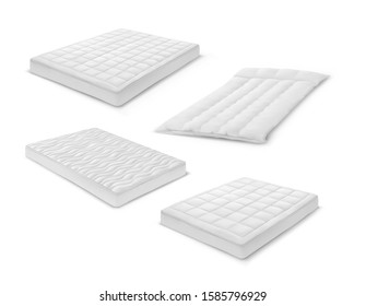 Mattress vector 3d realistic models. Isolated orthopedic latex and foam mattress types of king and queen size with sleeping textile surface texture