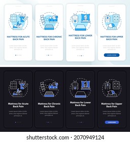 Mattresses for back pain dark, light onboarding mobile app page screen. Walkthrough 4 steps graphic instructions with concepts. UI, UX, GUI vector template with linear night and day mode illustrations