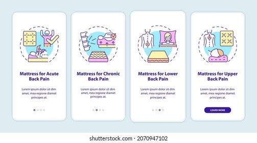 Mattresses for back pain onboarding mobile app page screen. Comfortable sleeping walkthrough 4 steps graphic instructions with concepts. UI, UX, GUI vector template with linear color illustrations