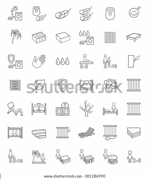 Mattresses, beds, linear icons. The\
types of mattresses. The wooden and metal beds and bases for beds.\
Vector icons. Single color linear image on a white background.\
