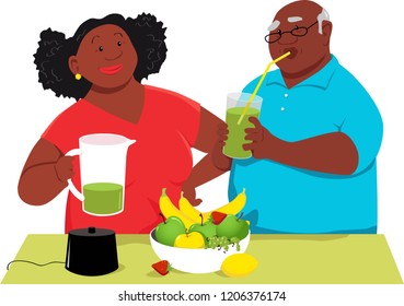 Mature African-American couple trying fresh juice made in a house juicer, EPS 8 vector illustration