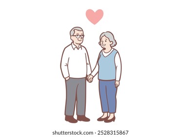 Casais adultos avós personagens de desenhos animados de pé, de mãos dadas e olhando um para o outro com amor. Ilustrações de design de vetor de estilo desenhado à mão.