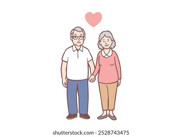 Casais adultos avós personagens de desenhos animados de pé, de mãos dadas e olhando um para o outro com amor. Ilustrações de design de vetor de estilo desenhado à mão.