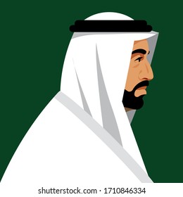 Mature arab business man wearing UAE traditional dress. Elderly man with beard. Male portrait, Side view, head, shoulders. Resident Middle East. Modern vector illustration